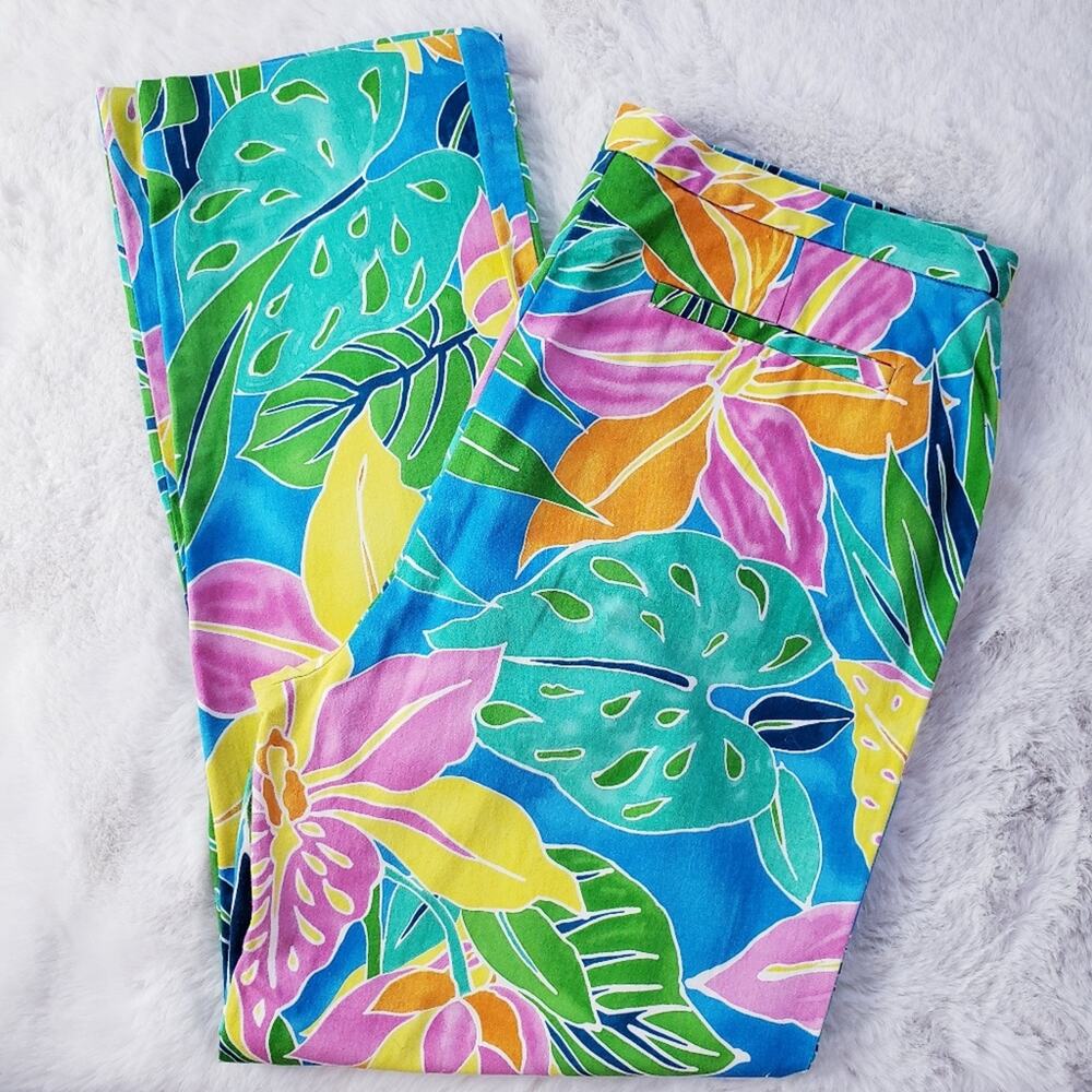 Ralph Lauren Vintage 90s Tropical Print Capri Pants High Waist Stretch 10 - Picture 7 of 8